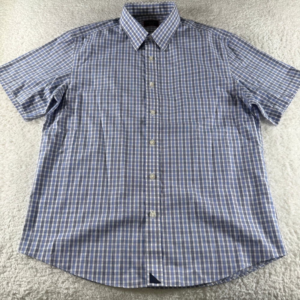 Untuckit Wrinkle Free Short Sleeve Button Up Blue Check Dress Shirt Collar Med